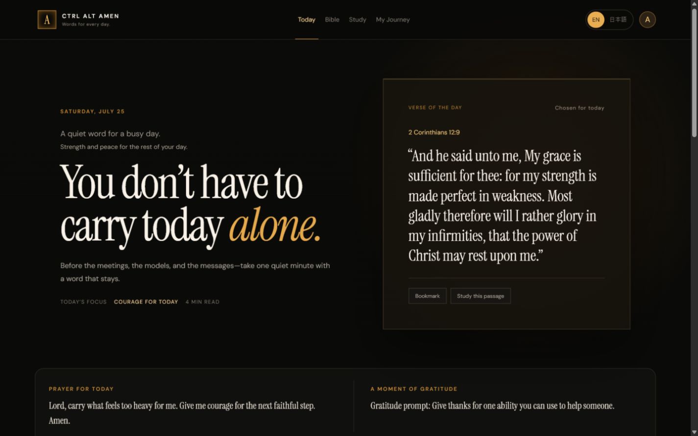 Ctrl Alt Amen page showing a daily Bible verse and reflection