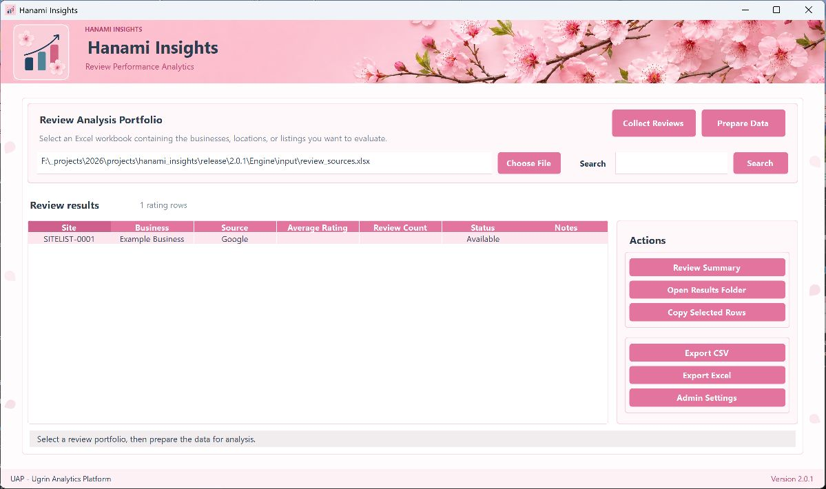 Hanami Insights Windows app dashboard showing review analysis controls and results