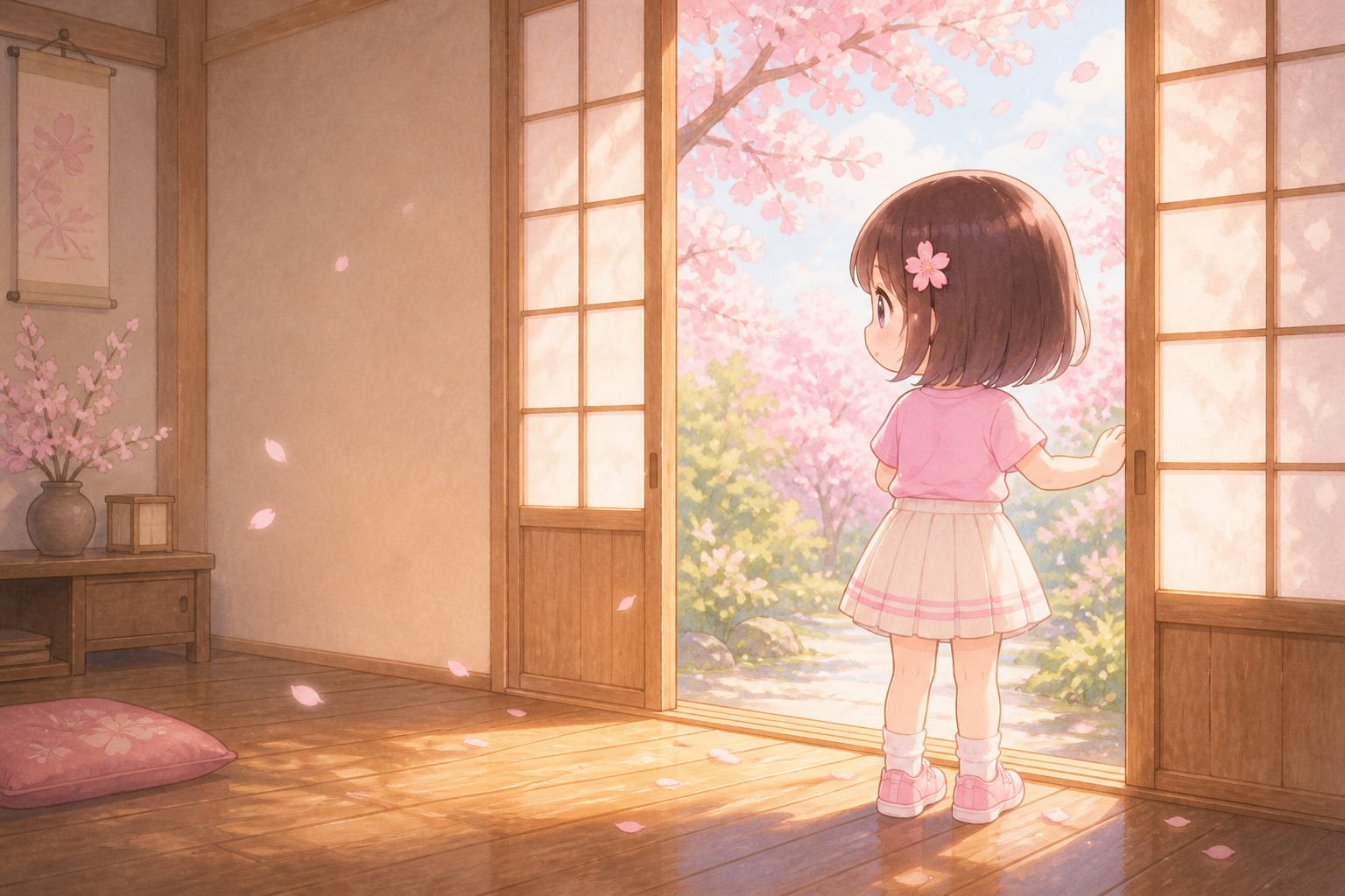 Hikari Studio's sakura chibi mascot standing at open shoji doors and looking out at spring blossoms